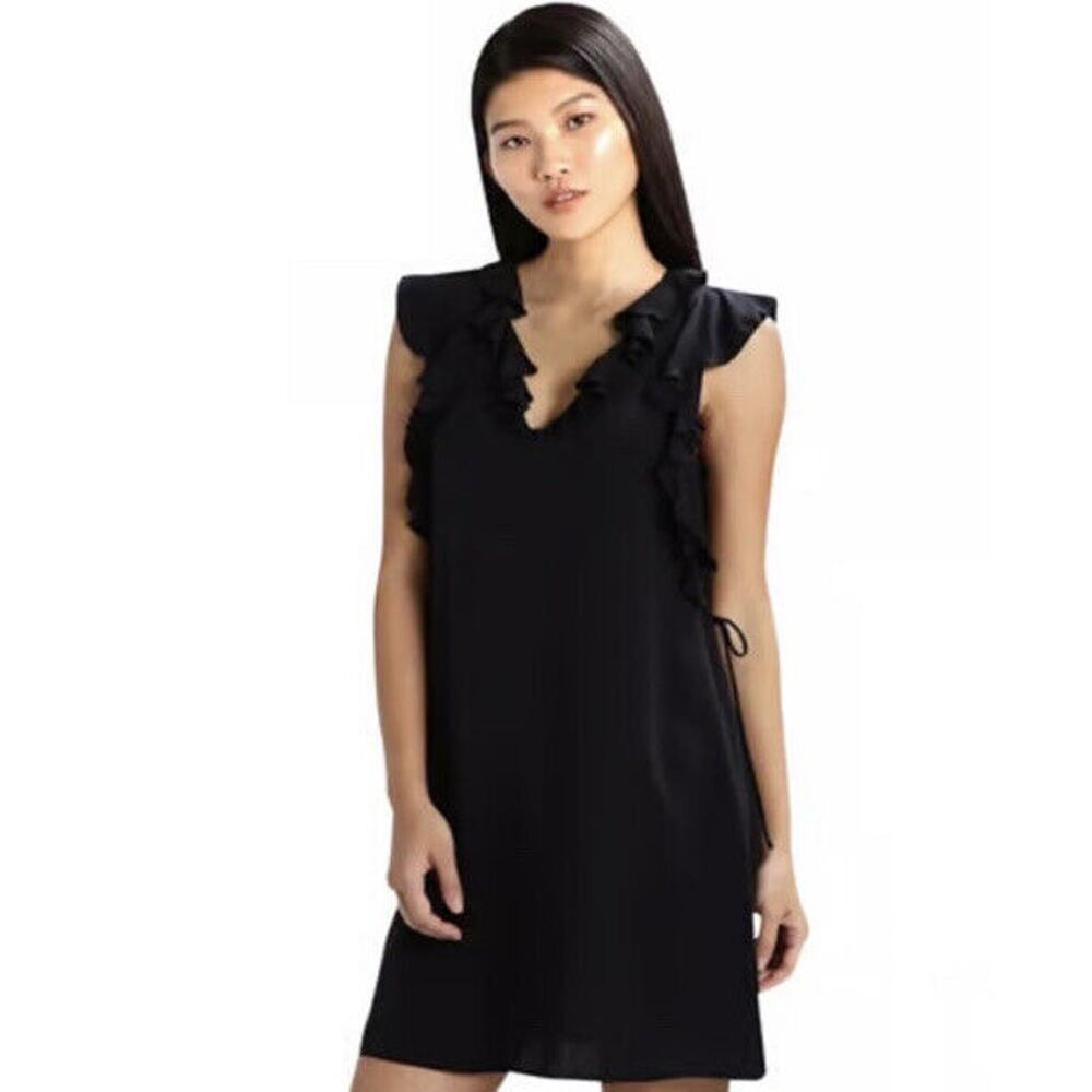 Club Monaco 100% Silk Black Cascading Ruffle Dress Drawstring Side Ties Sz‎ 8
